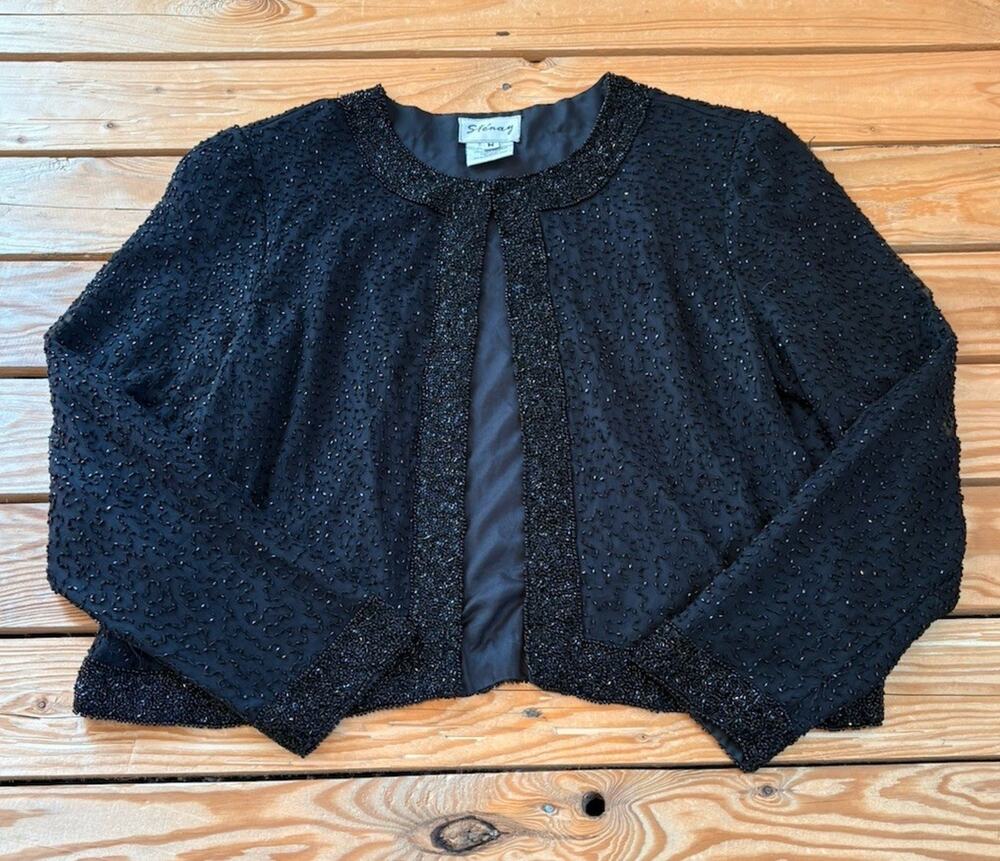 Stenay Women’s 100% Silk Beaded Cardigan Size M Black Bb